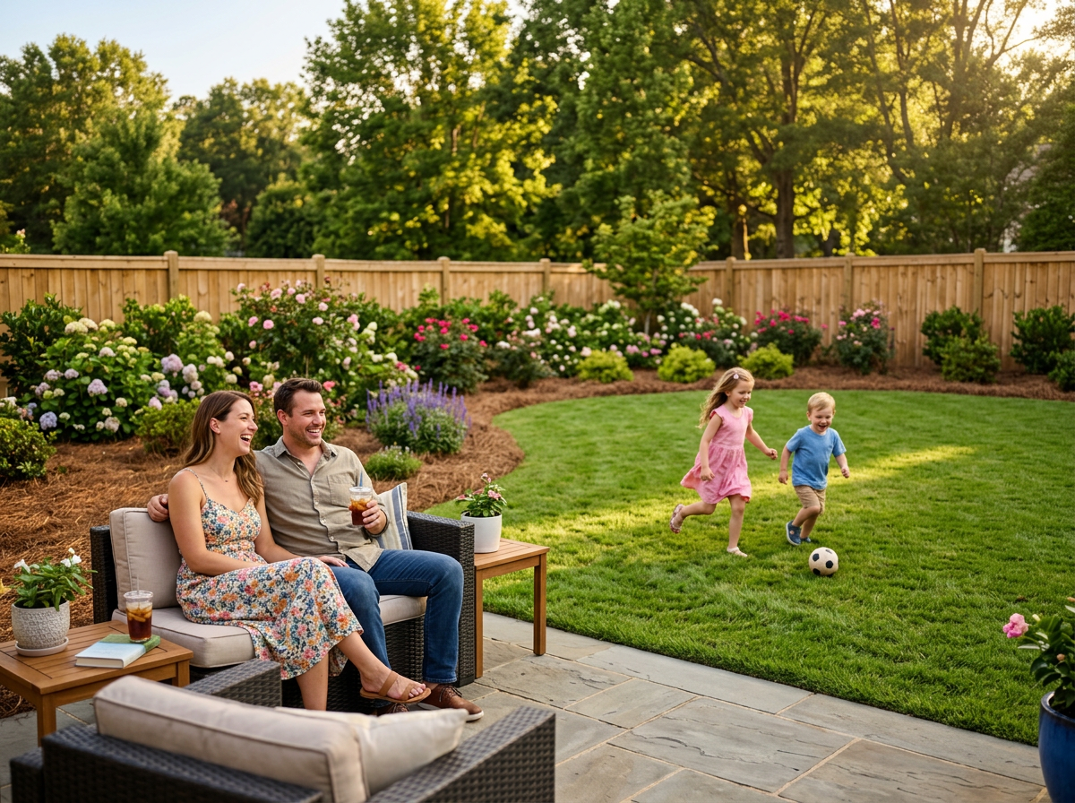 Family enjoying a professionally landscaped backyard